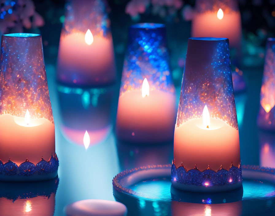 Illuminated Decorative Candles on Blue and Purple Background