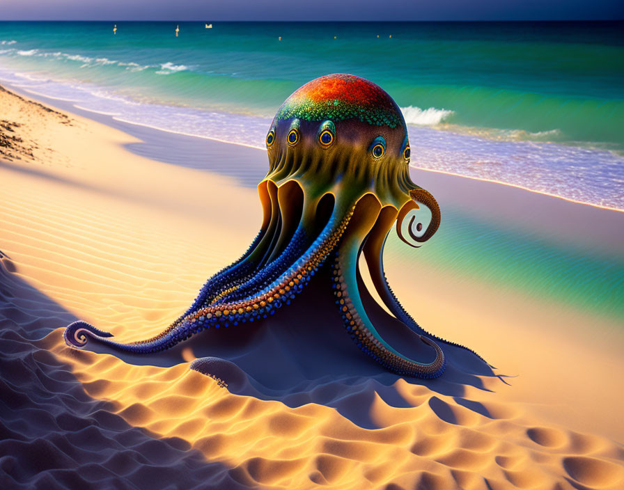 Vibrant octopus on sandy beach with ocean backdrop