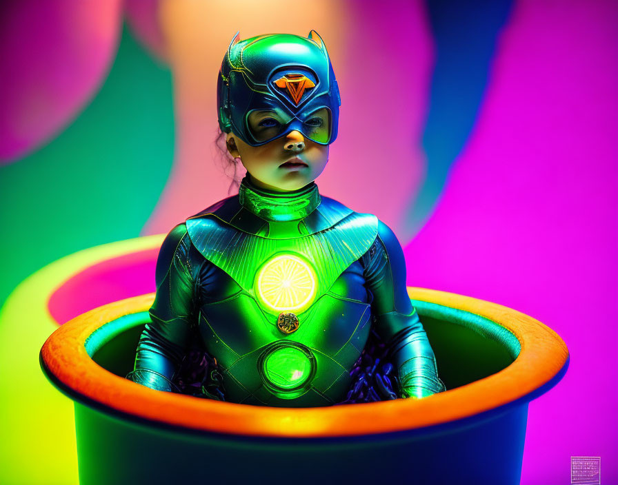 Child in Green and Black Superhero Costume with Owl Helmet in Colorful Setting