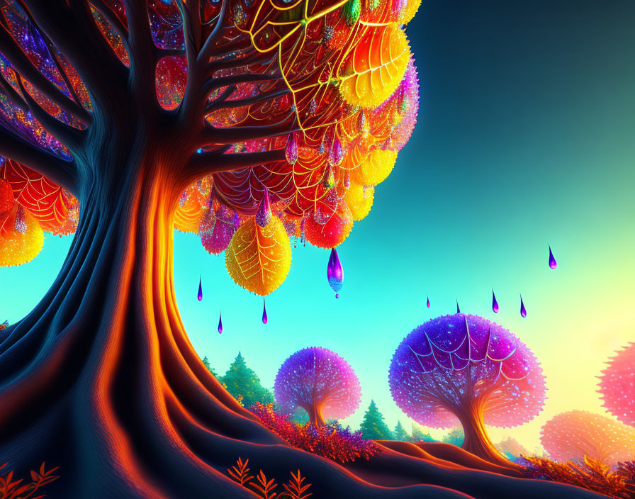 Surreal neon tree in vibrant twilight landscape