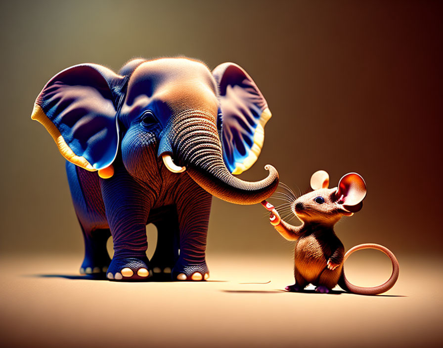 Stylized small elephant and mouse in friendly interaction