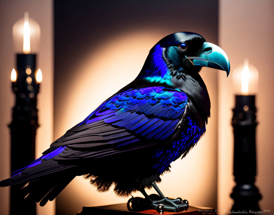 Colorful Raven Perched Indoors with Lit Candles