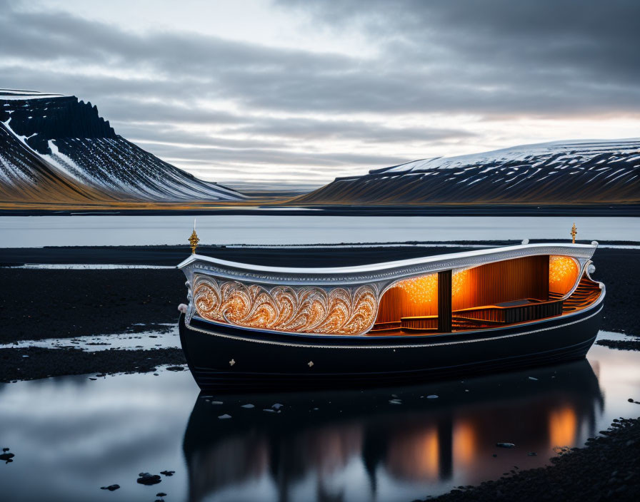 Intricately designed illuminated boat on tranquil water with mountain backdrop