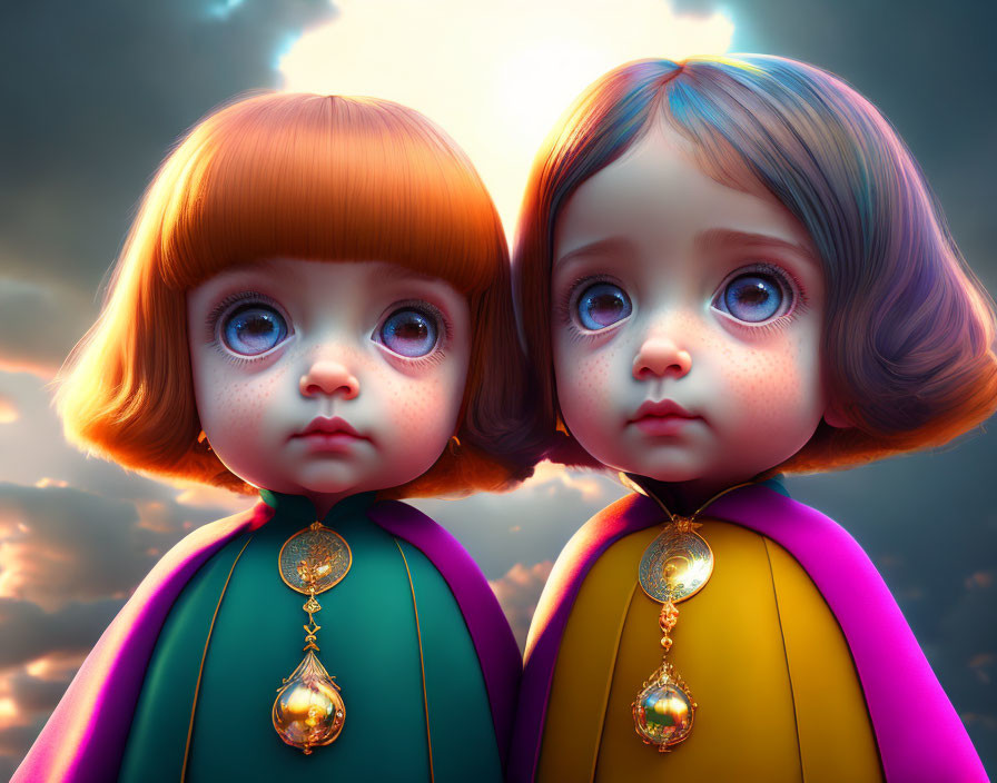 Stylized animated characters with large eyes and colorful attire under dramatic sky