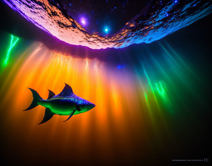 Colorful Light Beams Silhouette Fish in Underwater Scene