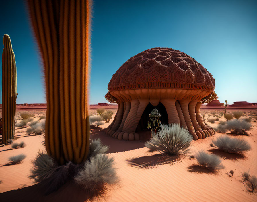 Surreal desert landscape with mushroom structure and figure under blue sky