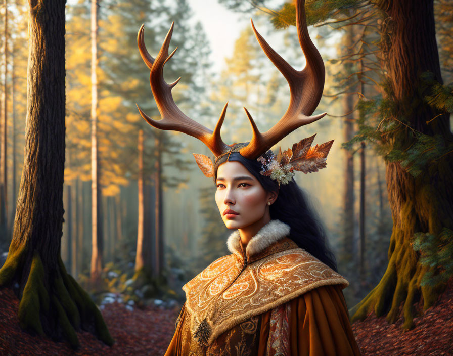 Woman with antlers and leaf headdress in sunlit forest wearing regal cape