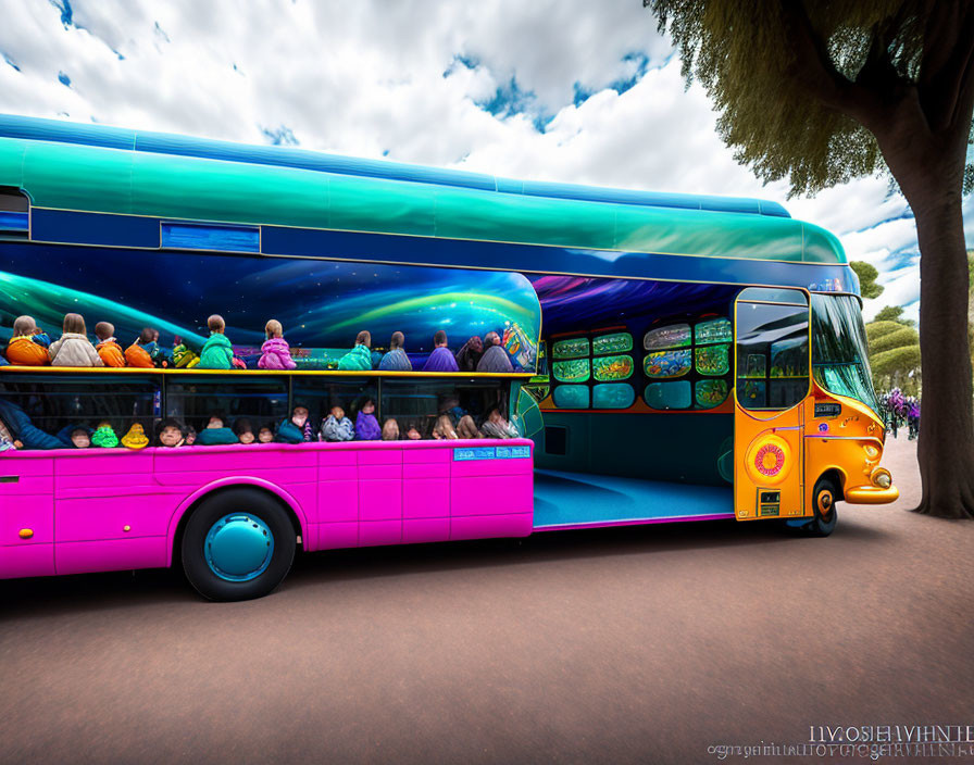 Colorful Animated Bus With Various Characters in Vibrant Hues