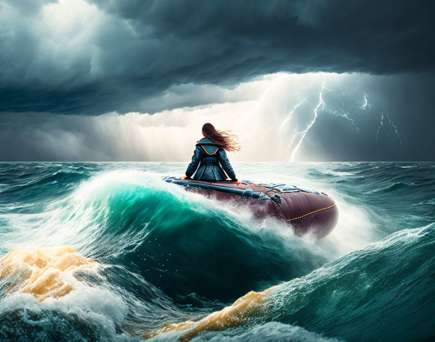 Person in life jacket on small inflatable boat in turbulent sea during storm.