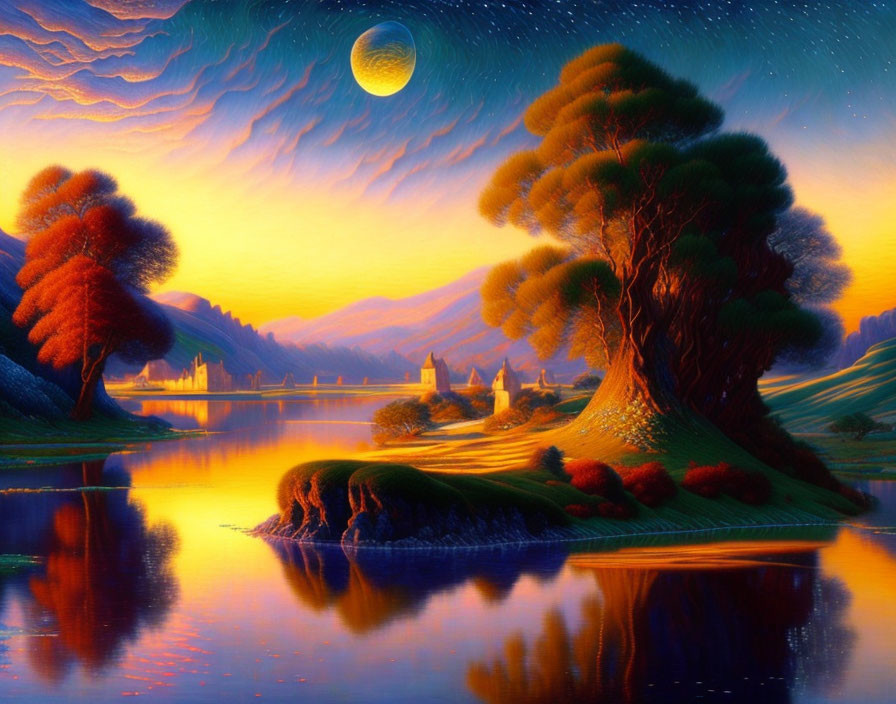 Surreal landscape with calm river, lush trees, starry sky, moon, and distant cast