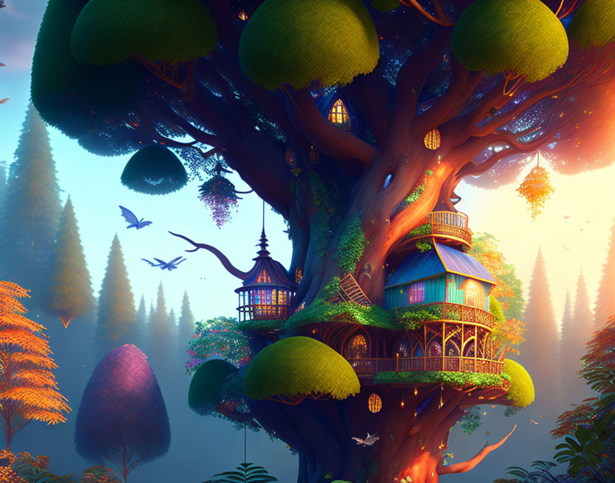 Enchanting multi-level treehouse in giant forest tree at twilight