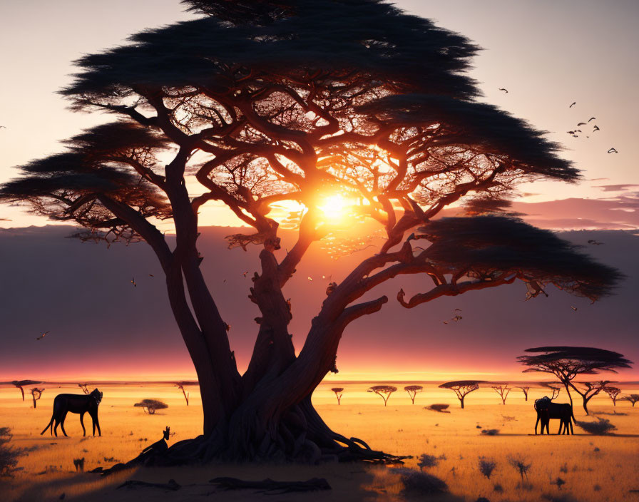 African savanna sunset scene with acacia tree, wildlife silhouettes, and colorful sky.