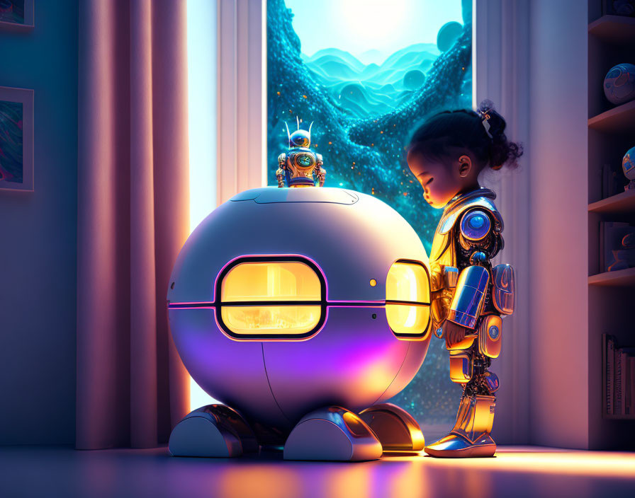 Young girl in robot suit with spherical robot in neon-lit room