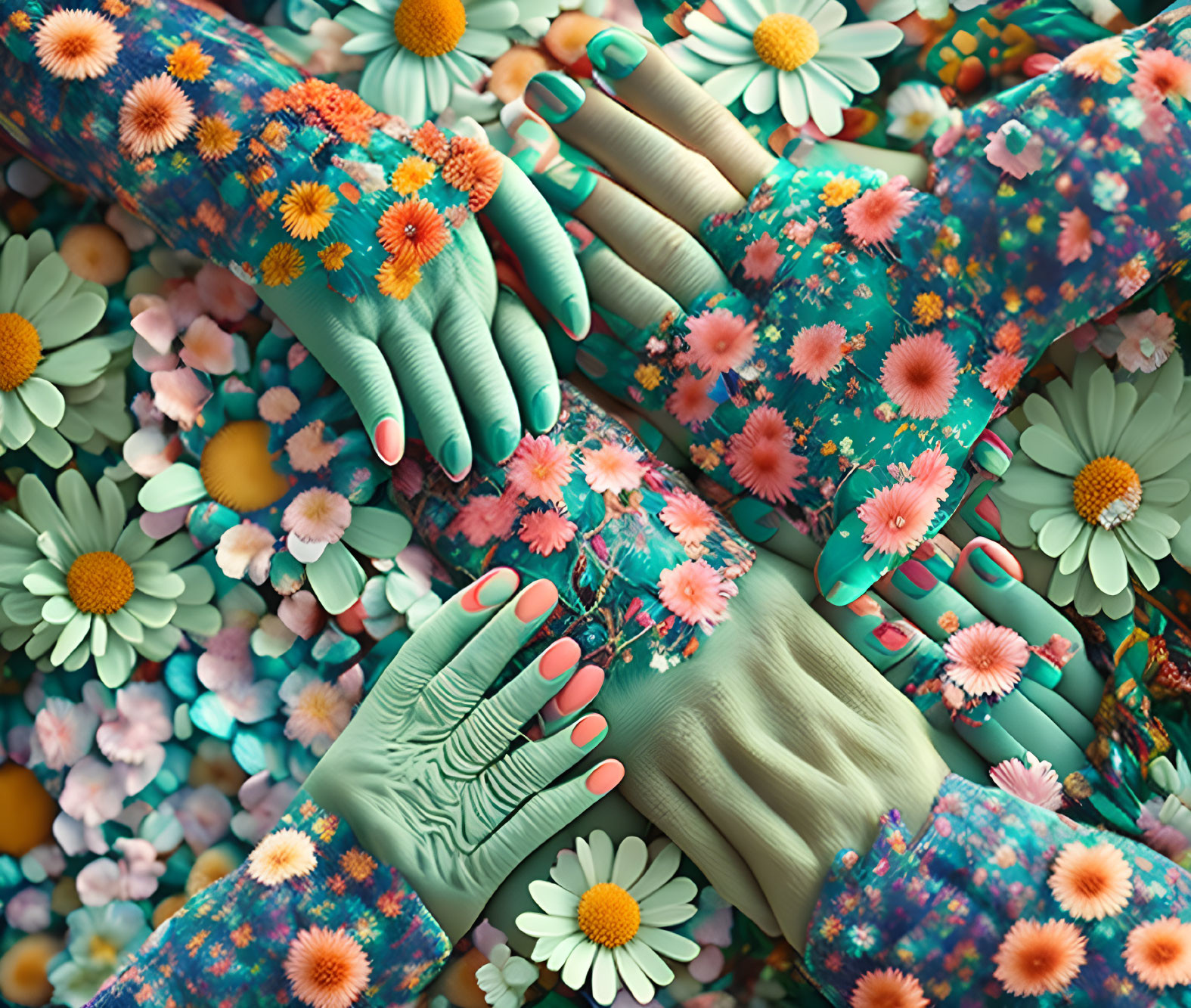 Floral-patterned hands interlocked in colorful flower field