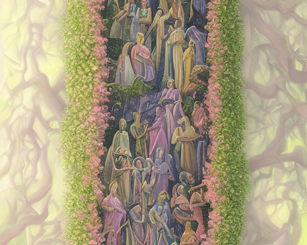 Vertical Medieval Attire Painting with Vine Border on Muted Background