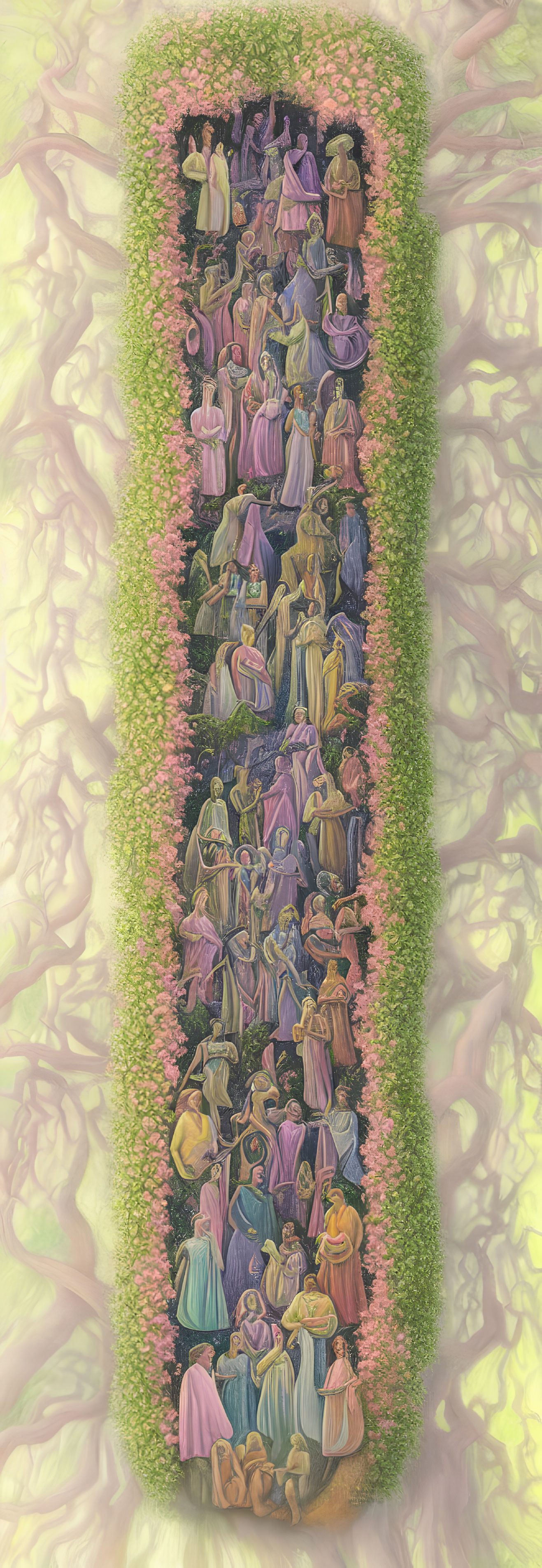 Vertical Medieval Attire Painting with Vine Border on Muted Background