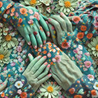 Floral-patterned hands interlocked in colorful flower field