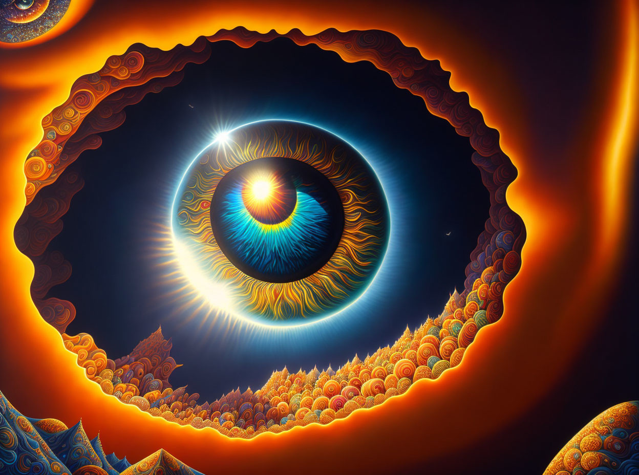 Colorful surreal eye art with fiery orange and blue solar patterns on dark cosmic backdrop