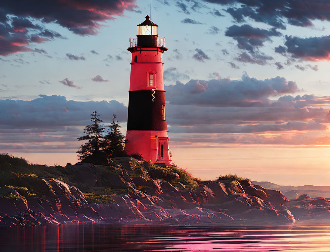 Red and white lighthouse on cliff at sunset with reflection in water