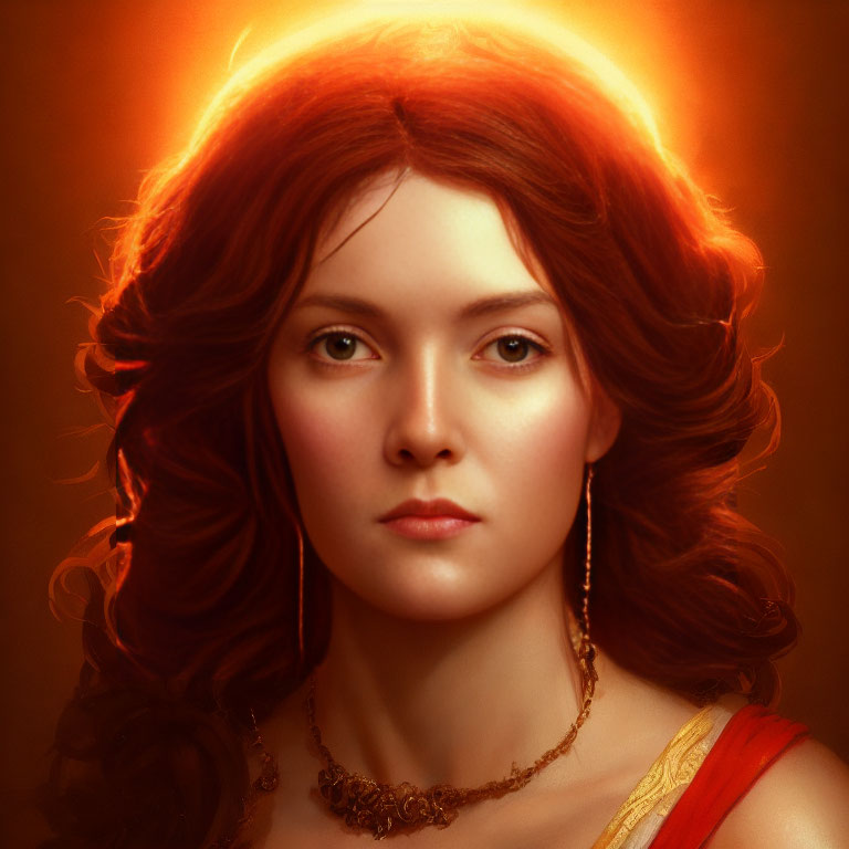 Woman with Red Curly Hair Portrait on Orange-Red Background