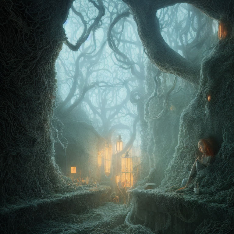 Mystical forest scene with eerie trees, lanterns, cobwebs, and person on stone ledge