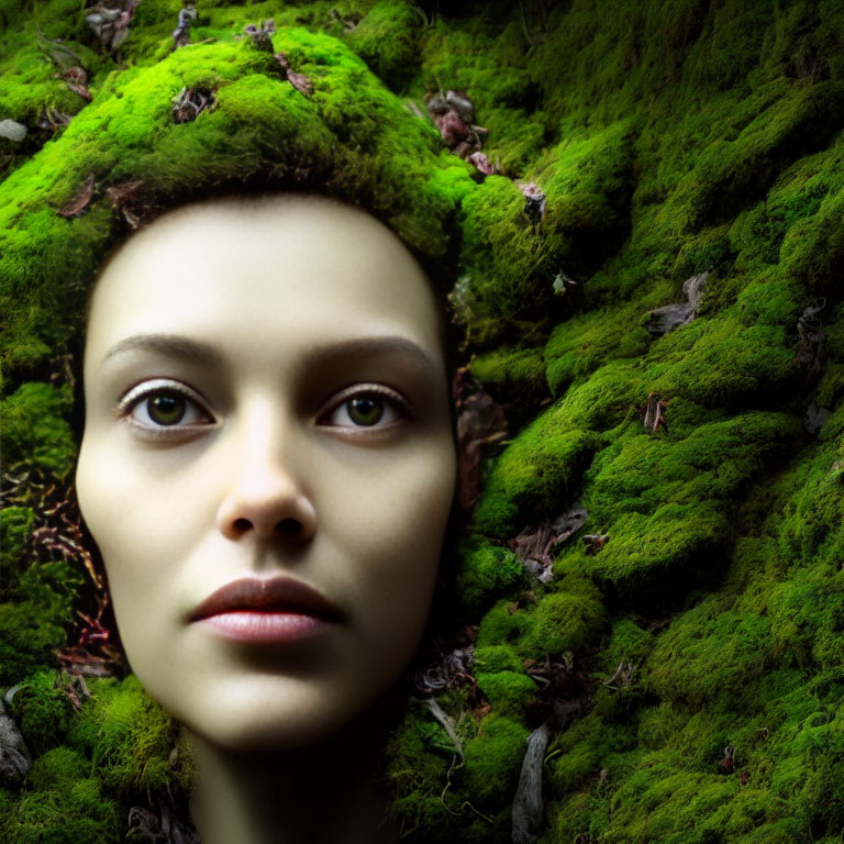 Face blending with lush green moss in natural landscape