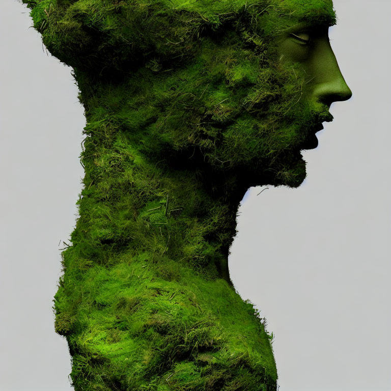 Realistic green moss covered human bust on light background