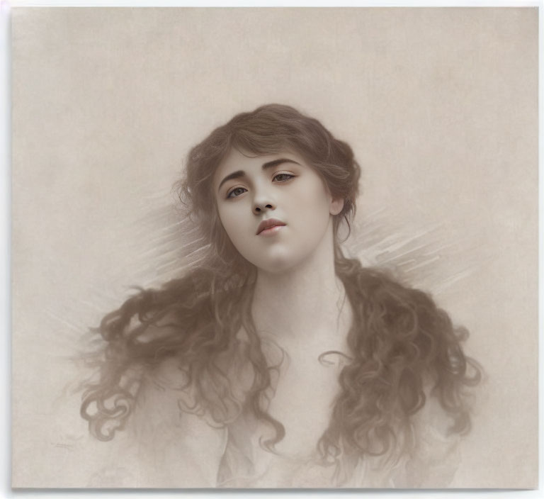 Vintage portrait of woman with curly hair and nostalgic expression