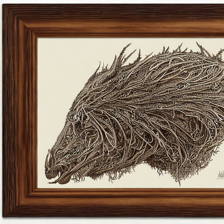 Detailed Pen Drawing of Dragon's Head in Dark Wooden Frame