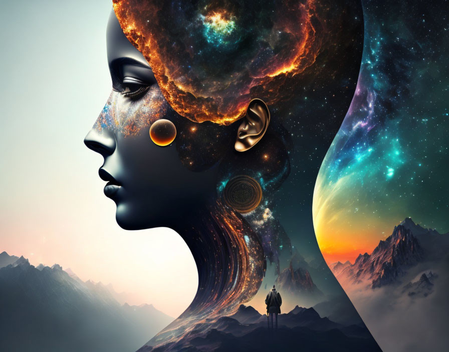 Digital artwork: Woman's profile merged with cosmic and mountainous landscape