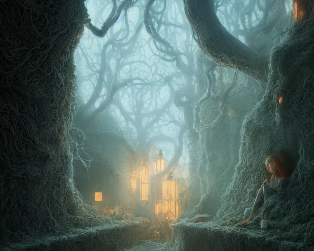 Mystical forest scene with eerie trees, lanterns, cobwebs, and person on stone ledge