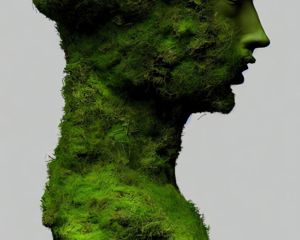 Realistic green moss covered human bust on light background