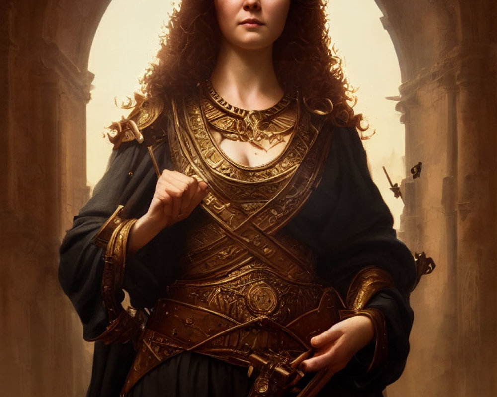 Curly-haired woman in medieval armor with sword in stone arches