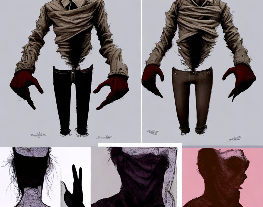 Four headless figures in red suits with gloves and pants, striking eerie poses