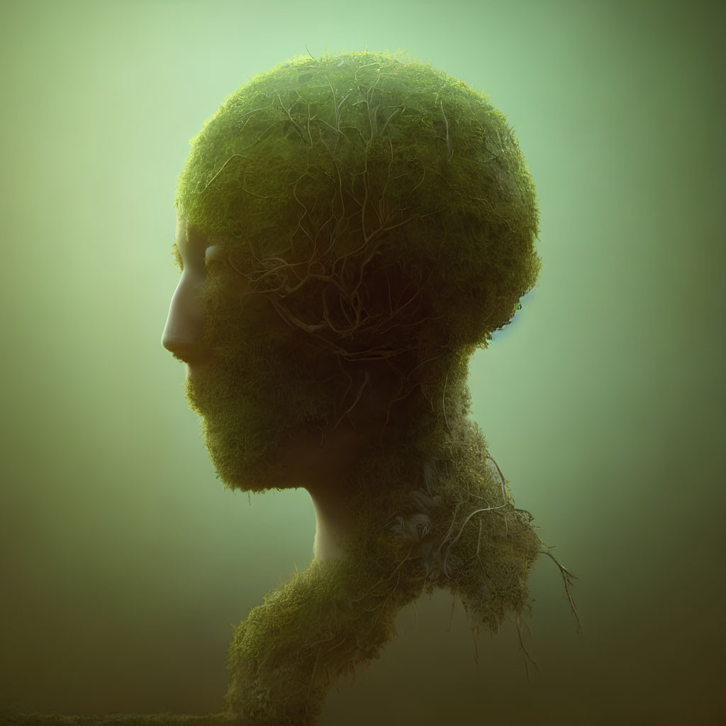 Silhouette of human head covered with moss and roots on green backdrop