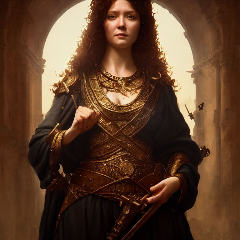 Curly-haired woman in medieval armor with sword in stone arches