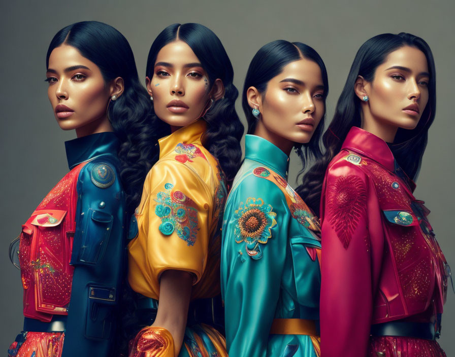 Four Women in Colorful Silk Garments with Sleek Hairstyles