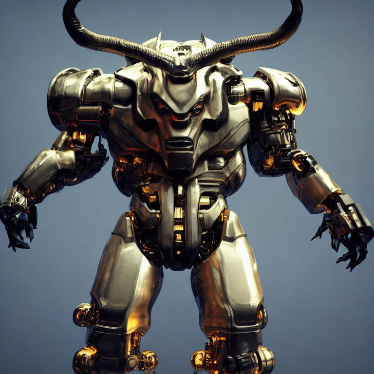 Metallic bull-headed robot with glowing orange accents on neutral backdrop