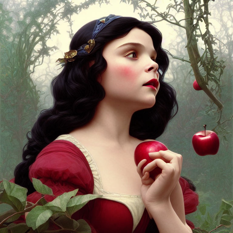 Portrait of Woman with Fair Skin Holding Apple in Forest