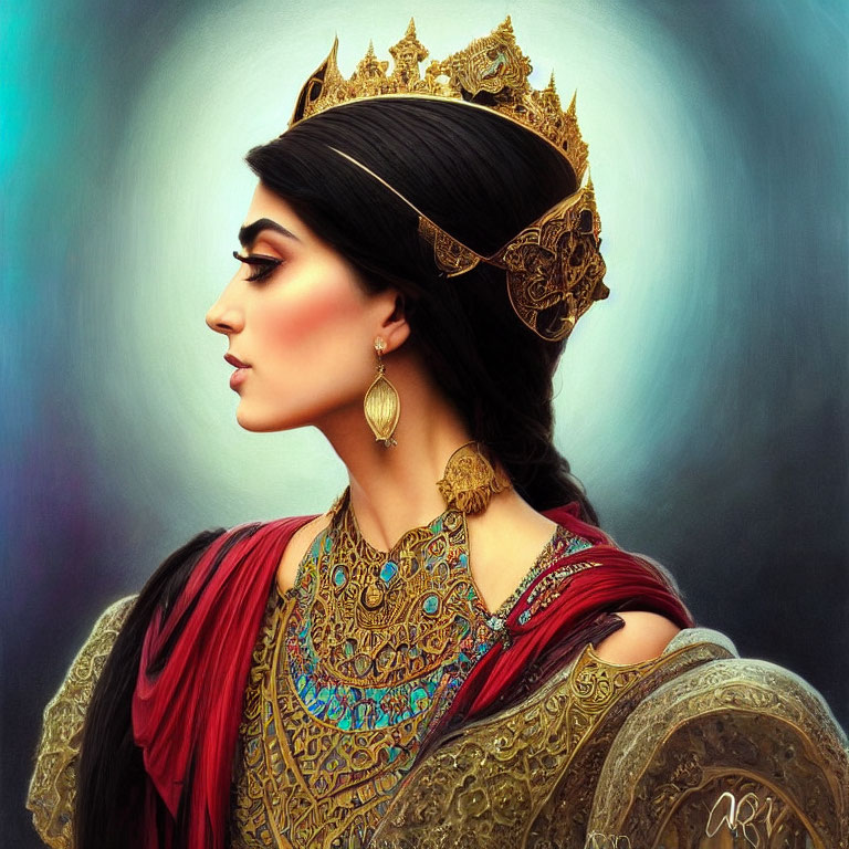 Regal woman in profile with ornate gold crown and richly decorated attire