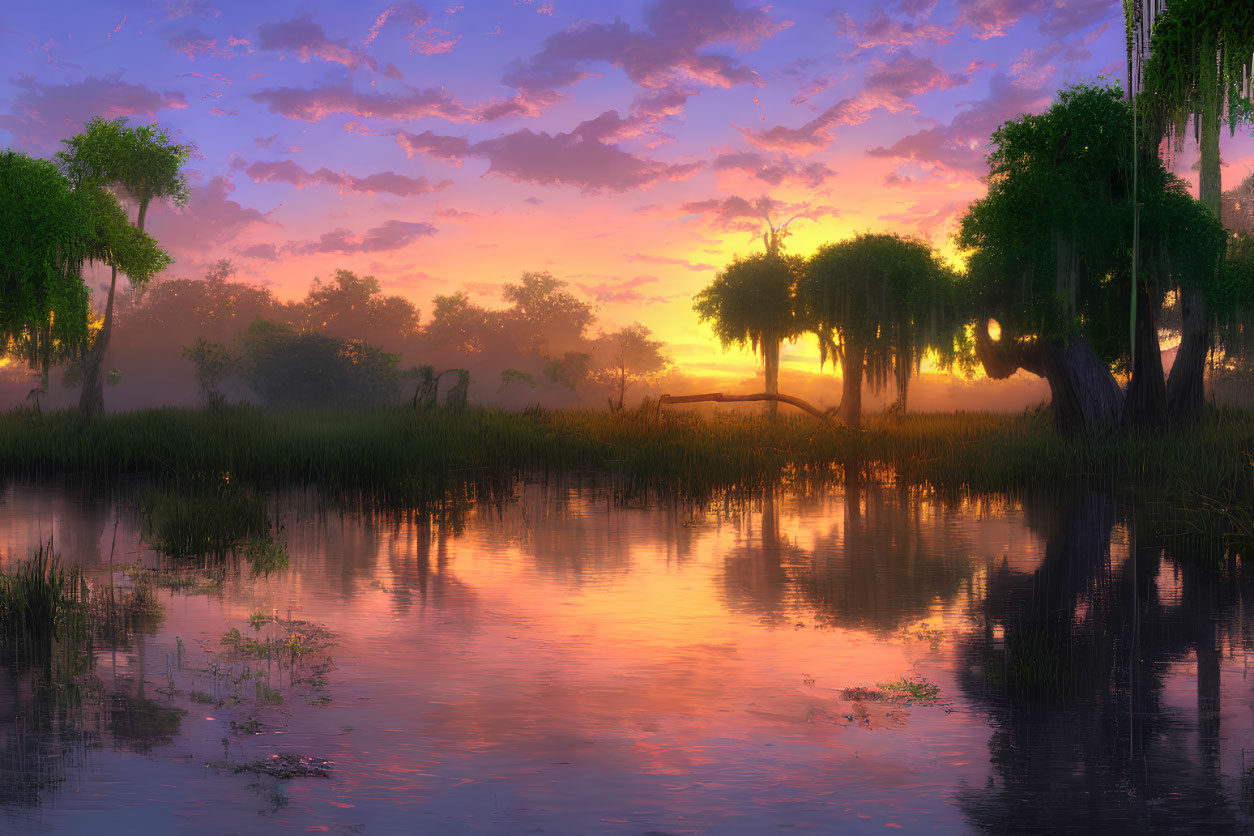 Tranquil sunrise swamp scene with vibrant sky colors and silhouetted trees