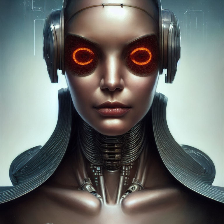 Female Android with Glowing Red Eyes and Advanced Robotic Neck Structure