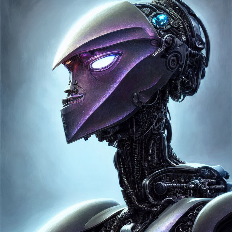 Detailed robotic head illustration with humanoid features and blue glowing eye.