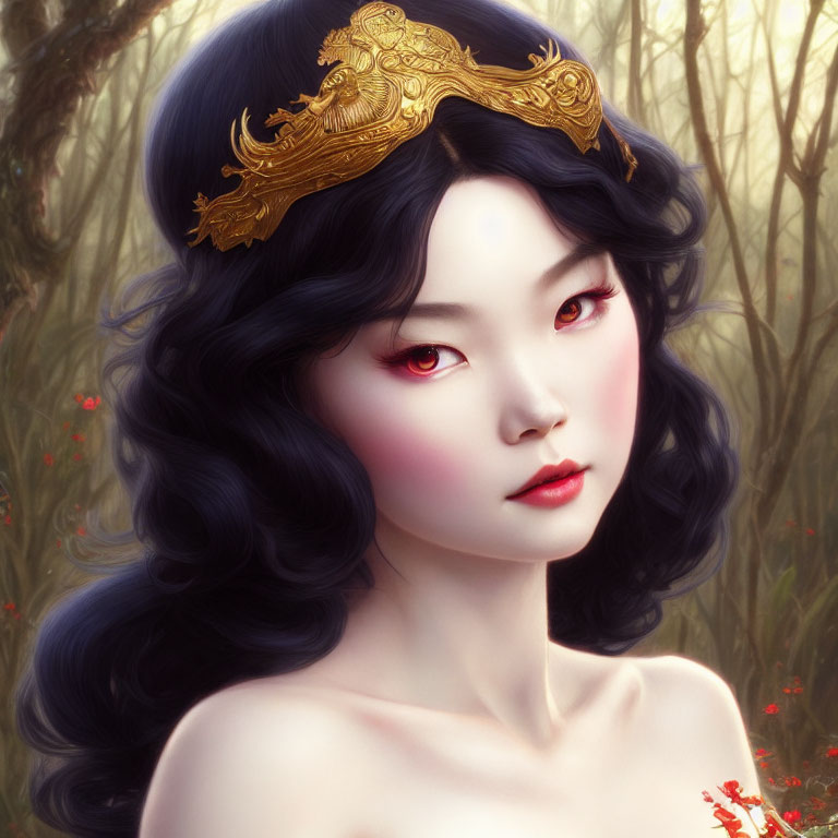 Illustrated portrait of woman with black hair, red eyes, and golden headdress against foliage background