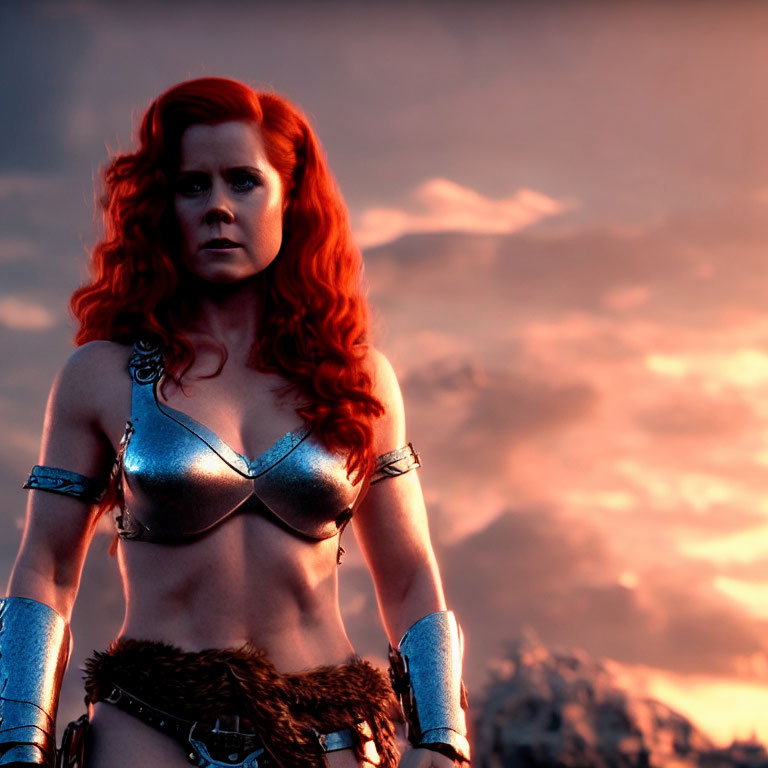 Red-haired female warrior in silver armor under dramatic sky