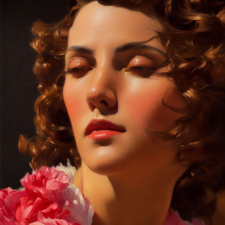 Portrait of woman with curly hair, red lipstick, contemplative gaze, holding pink flowers.