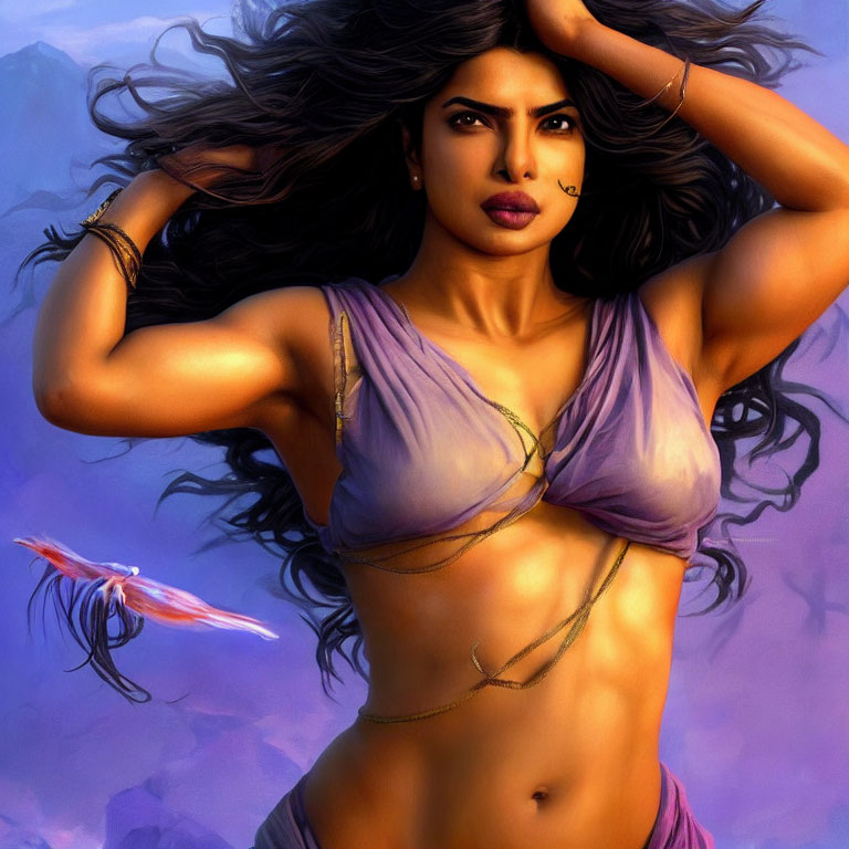 Digital artwork of woman with long hair in dynamic pose, wearing purple drape, fantasy backdrop