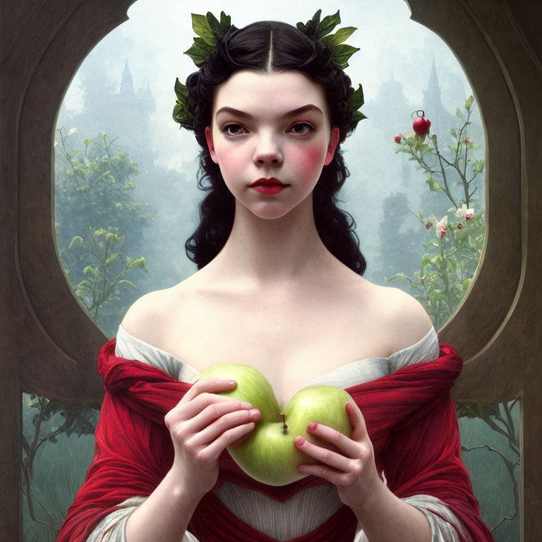 Portrait of a Woman with Laurel Wreath, Green Apple, and Castle Background