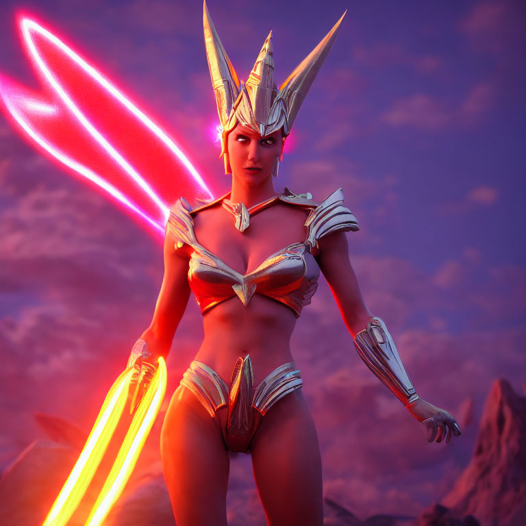 Female warrior in futuristic armor with glowing red sword against twilight sky