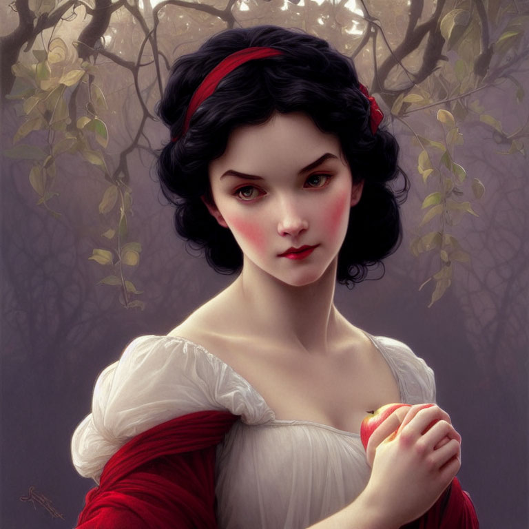 Young woman portrait: pale skin, black hair, red lips, white blouse, red cape, holding